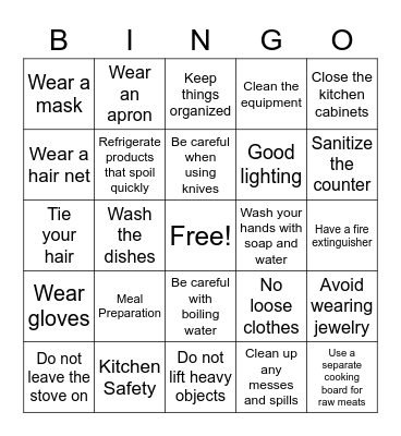 Meal Preparation and Kitchen Safety Bingo Card