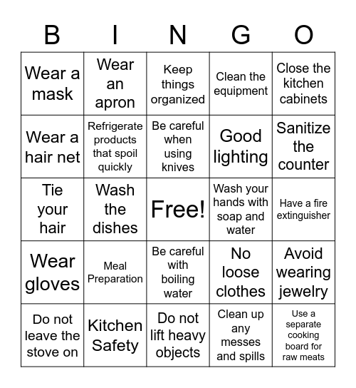 Meal Preparation and Kitchen Safety Bingo Card