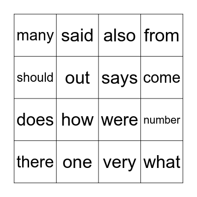 Trick Words Bingo Card