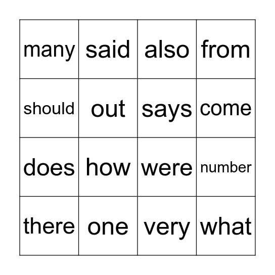 Trick Words Bingo Card