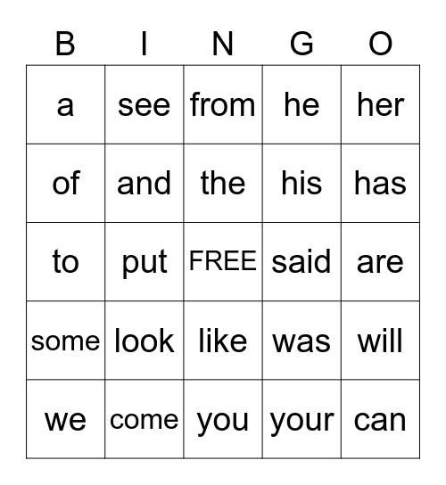 High Frequency Words Bingo Card