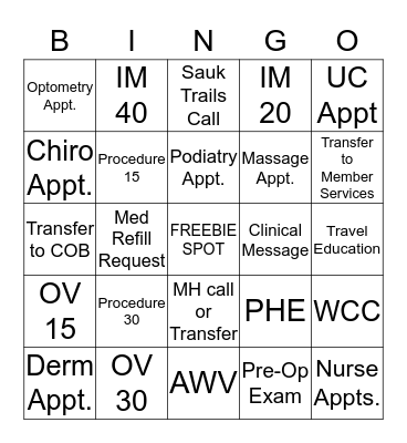 Call Center Bingo Card