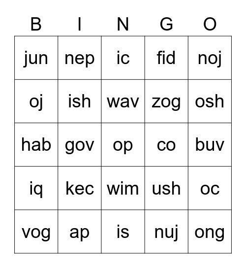 Nonsense Words 5 Bingo Card