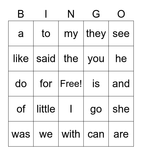 High-Frequency Words Bingo Card