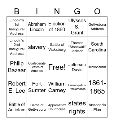 Civil War Bingo Card