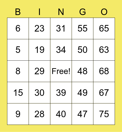 Yellow BINGO Card