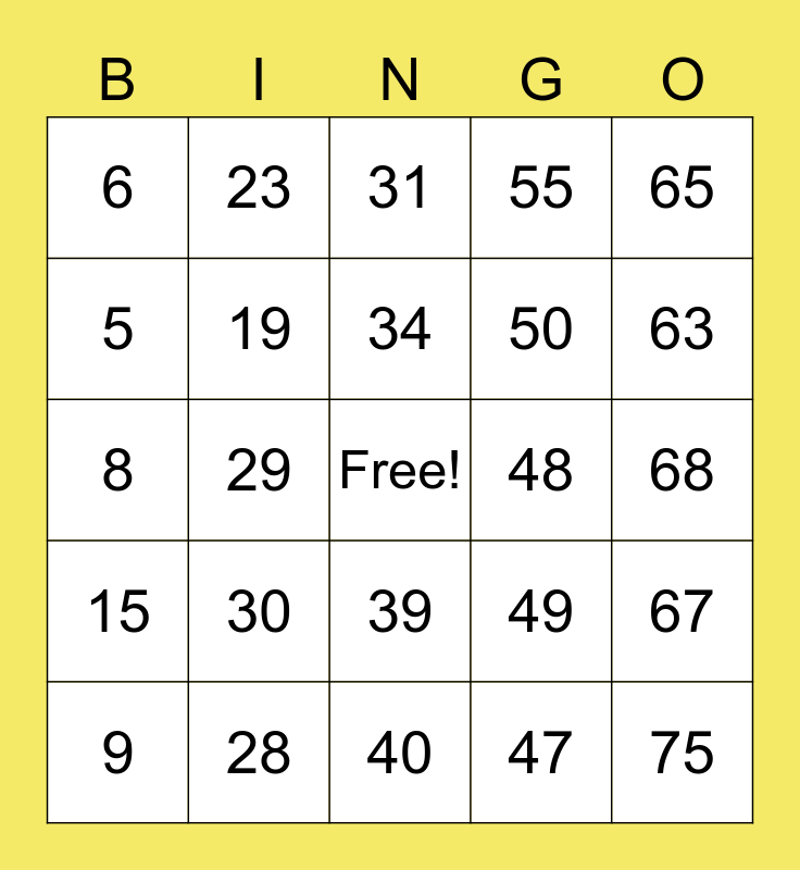 Yellow BINGO Card