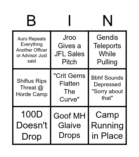 Overclock Raid Night Bingo Card