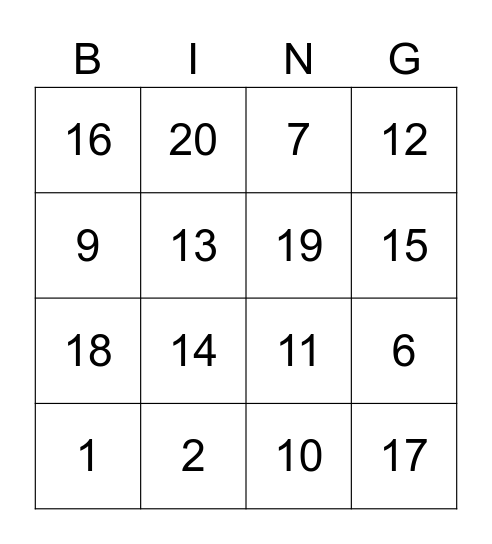 Color the Number ! Bingo Card