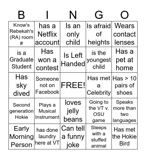 Main Cam People Bingo  Bingo Card