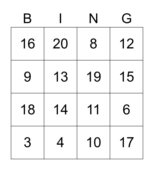 Color the Number ! Bingo Card