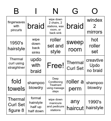 Cosmetology Hands-On Work Bingo Card