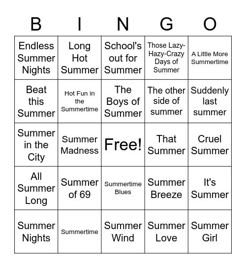 Summer Rock N Roll Bingo Card