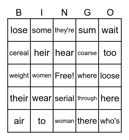 Red word/ Homophone Bingo Card