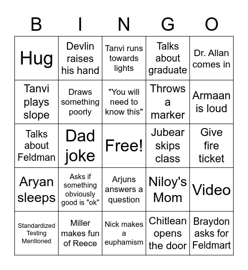Bio Class Bingo Card