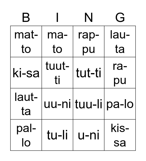 kaksoiskonsonantit ja pitkä/lyhyt vokaali Bingo Card