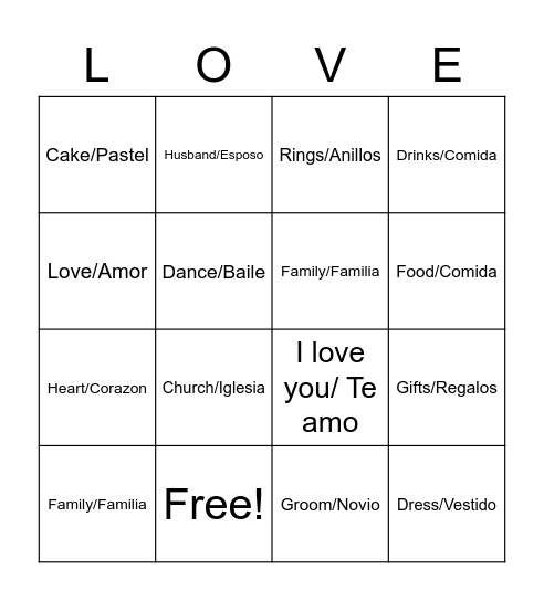 Bridal Shower Bingo Card