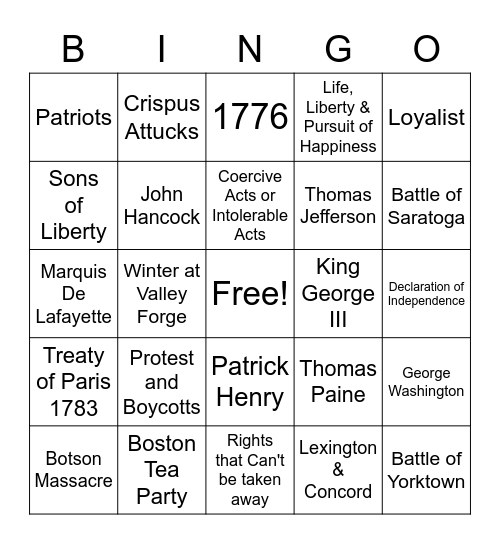 American Revolution(2) Bingo Card