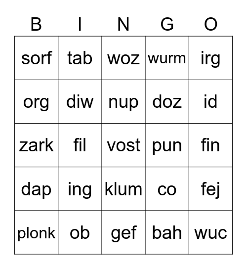 Nonsense Words 6 Bingo Card