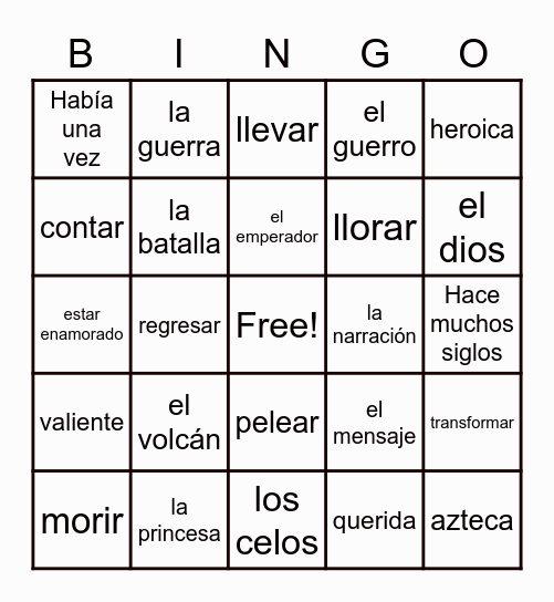 Spanish words Bingo Card