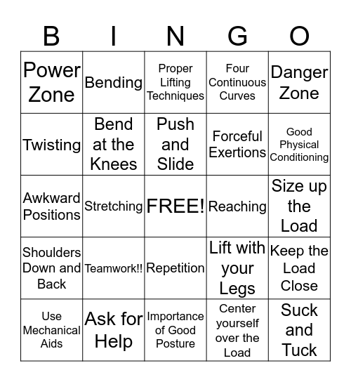 Back Safety and Safe Lifting Bingo Card