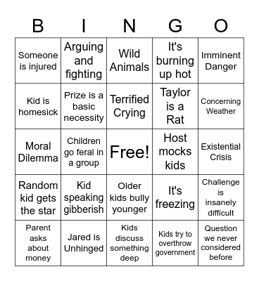 Kid Nation Bingo Card