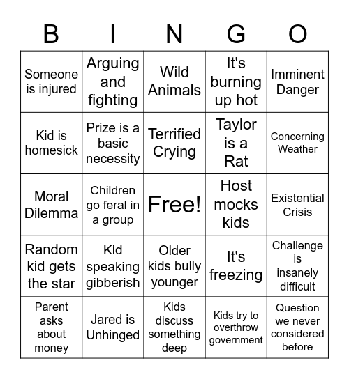 Kid Nation Bingo Card