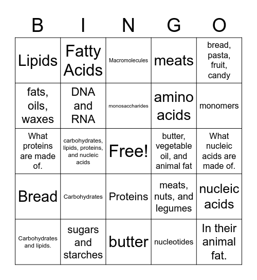 Macromolecule Review Bingo Card