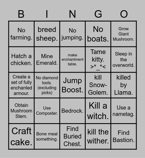 Minecraft. Bingo Card