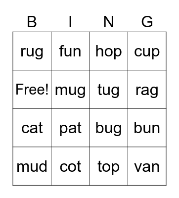 Short Vowels a,o,i,u Bingo Card