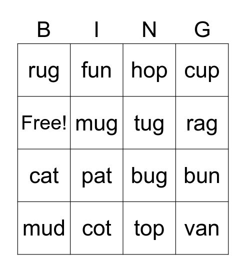 Short Vowels a,o,i,u Bingo Card