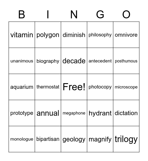 Latin/Greek VOCAB Bingo Card