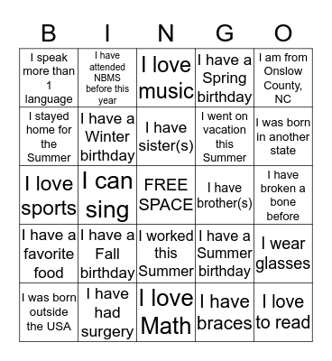 Getting to Know You!! Bingo Card