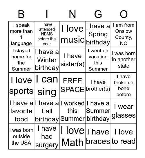 Getting to Know You!! Bingo Card