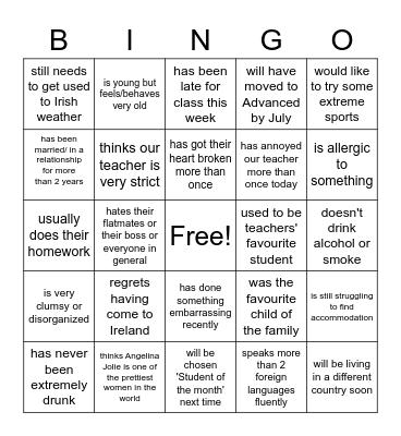 Get to know your classmates Bingo Card