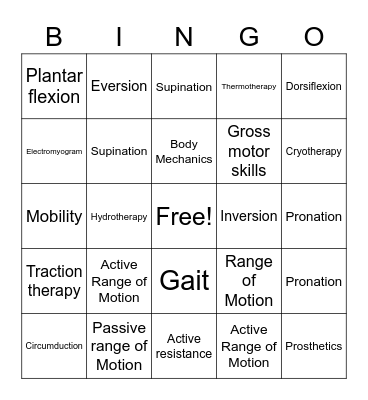 Physical Therapy Terms Bingo Card