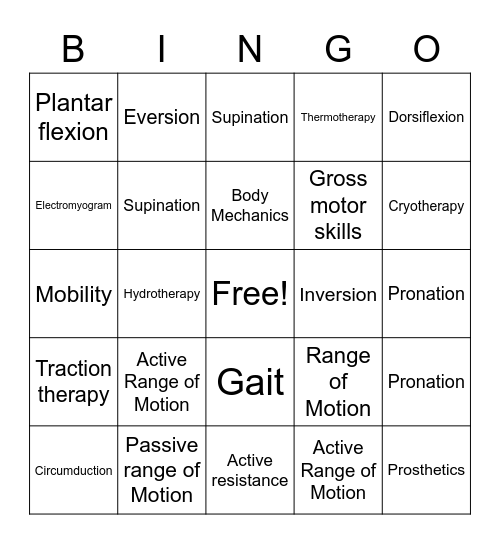 Physical Therapy Terms Bingo Card