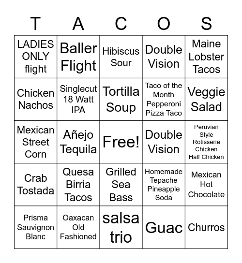 TacoVision Bingo Card