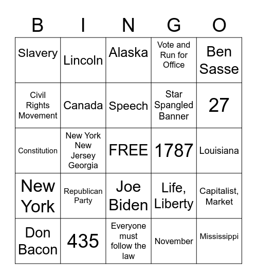 Citizenship Bingo Card