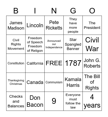 Citizenship Bingo Card