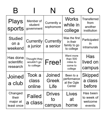 College Bingo Card