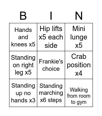 Frankie's Exercise Bingo Card