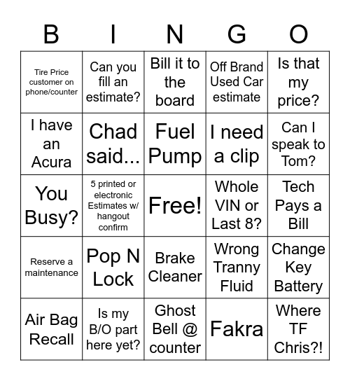 In - Ghost Bell @ counter / Out - Maintenance holding Bingo Card