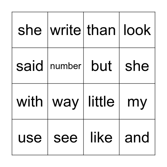Sight Word Bingo Card