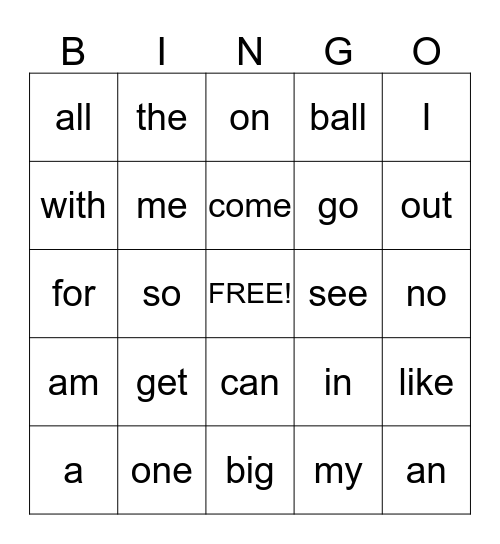 Sight Words Bingo Card