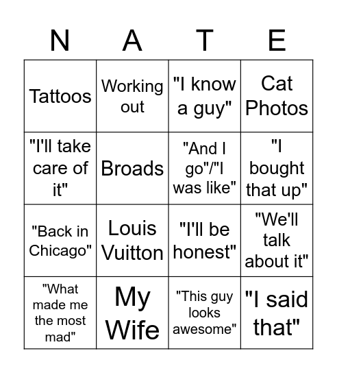 Nate-isms Bingo Card