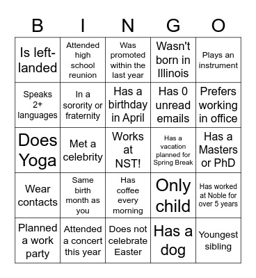 NST Bingo Card