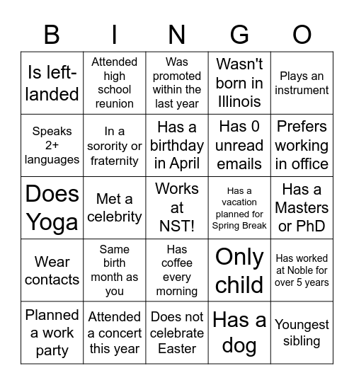 NST Bingo Card