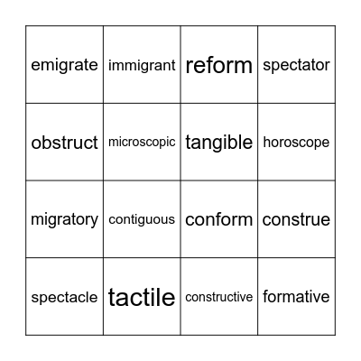 Vocabulary Bingo Card