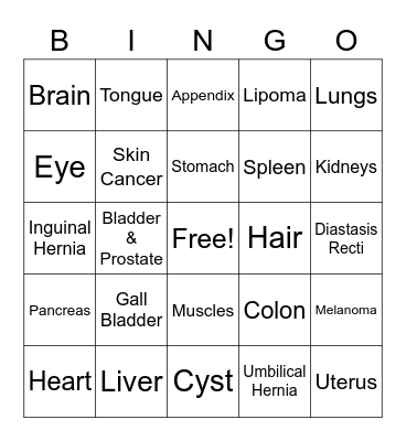 Body Part Bingo Card